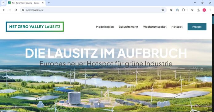 Die Lausitz sieht sich im Aufbruch zu grüner Technologie: Screenshot der Seite www.netzerovalley.eu. (Quelle: Screenshot)